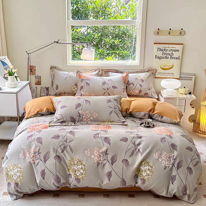 91家纺网 家纺一手货源 找家纺 品乐家纺 2024新款全棉生态棉印花磨毛四件套 挽香-灰