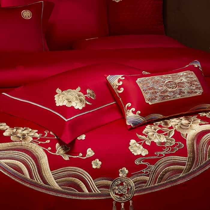 91家纺网 家纺一手货源 找家纺 高大尚 2025新品长绒棉提花唯美复古中式刺绣轻奢系列婚庆款多件套 福气满满-金