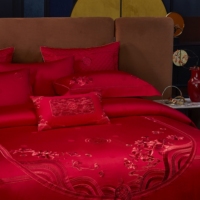 91家纺网 家纺一手货源 找家纺 高大尚 2025新品长绒棉提花唯美复古中式刺绣轻奢系列婚庆款多件套 福气满满-红