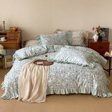 窝米 2024新款全棉磨毛花边工艺款四件套 轻轻丝语蓝