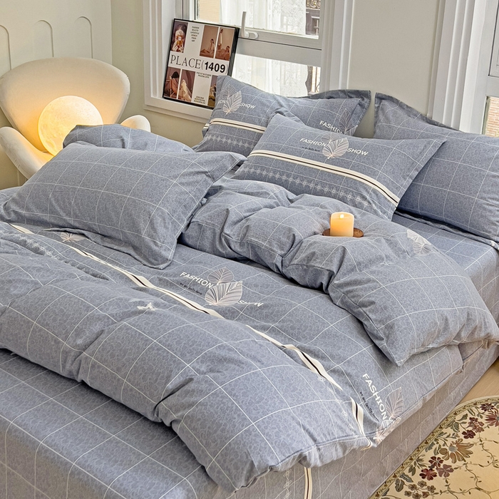 91家纺网 家纺一手货源 找家纺 品乐家纺 2024新款全棉生态棉印花磨毛四件套 叶语漫漫-灰