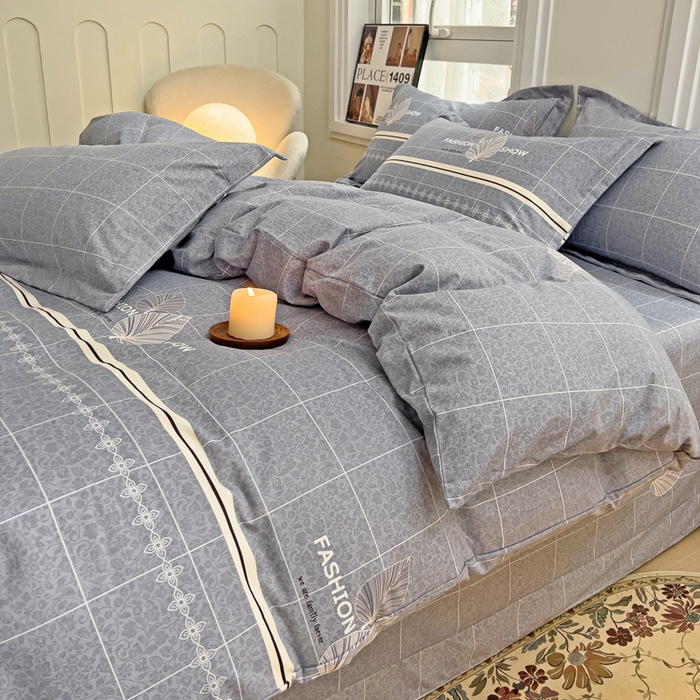 91家纺网 家纺一手货源 找家纺 品乐家纺 2024新款全棉生态棉印花磨毛四件套 叶语漫漫-灰