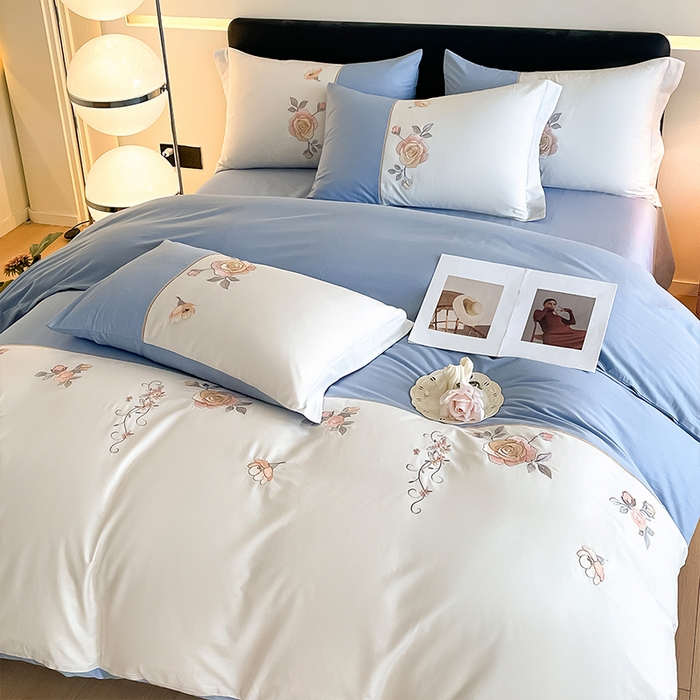 91家纺网 家纺一手货源 找家纺 理想家家纺 2024新款全棉轻奢刺绣四件套-芳华 芳华-蓝