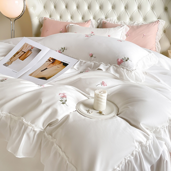 91家纺网 家纺一手货源 找家纺 理想家家纺 2024新款全棉轻奢刺绣四件套-花韵 花韵-白
