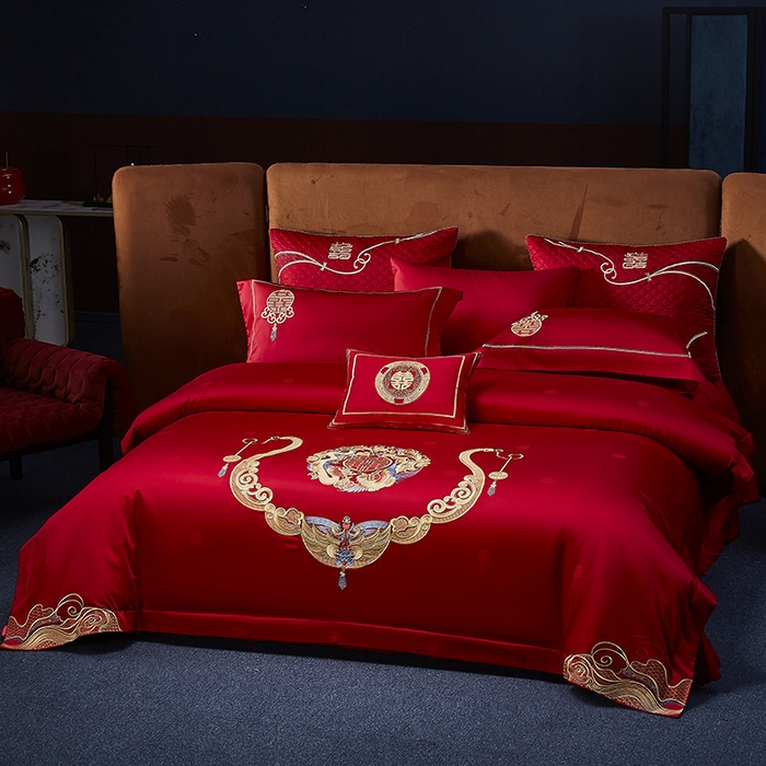 91家纺网 家纺一手货源 找家纺 高大尚 2025新品长绒棉提花唯美复古中式刺绣轻奢系列婚庆款多件套 锦绣未央