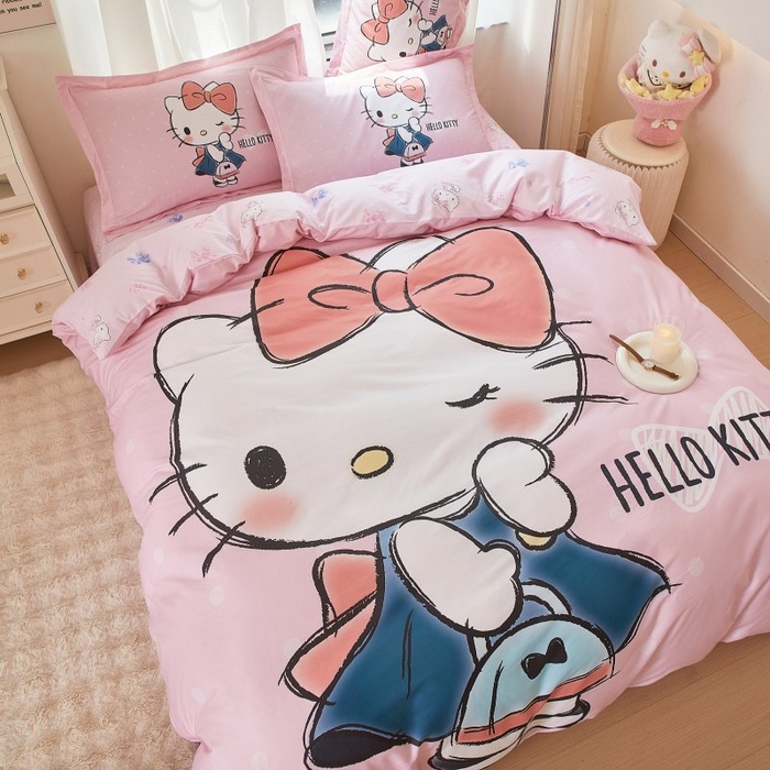 91家纺网 家纺一手货源 找家纺 蘭菲家纺 2024新款全棉大版卡通三丽鸥四件套 摩卡-粉