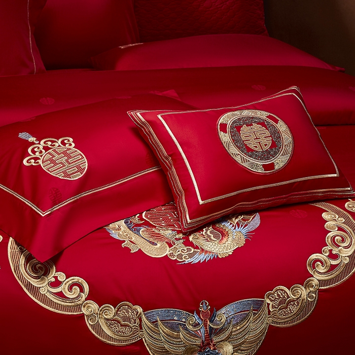 91家纺网 家纺一手货源 找家纺 高大尚 2025新品长绒棉提花唯美复古中式刺绣轻奢系列婚庆款多件套 锦绣未央