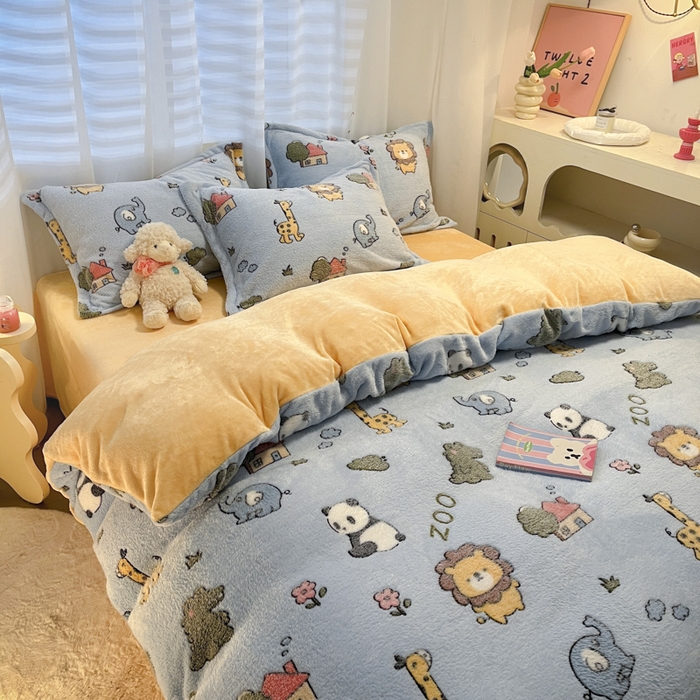 91家纺网 家纺一手货源 找家纺 韩巢家纺 2024新款加厚雪花绒印花四件套-风格一（提供卖家秀） 动物世界