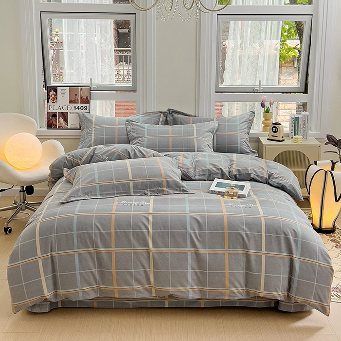 91家纺网 家纺一手货源 找家纺 品乐家纺 2024新款全棉生态棉印花磨毛四件套 波士顿-灰