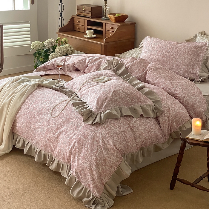 91家纺网 家纺一手货源 找家纺 窝米 2024新款全棉磨毛花边工艺款四件套 费洛蒙粉