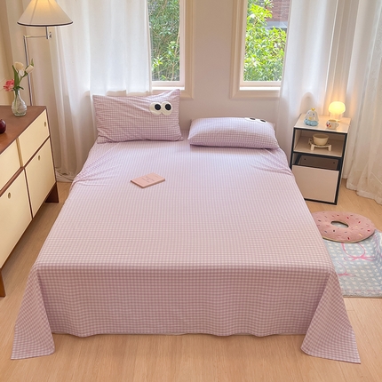 91家纺网 家纺一手货源 找家纺 桃子 2024新款ins纯棉色织水洗毛巾绣大眼仔单床单 色织水洗棉-大眼仔紫格