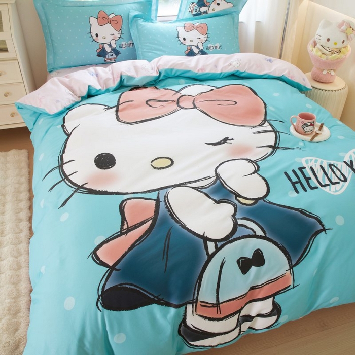 91家纺网 家纺一手货源 找家纺 蘭菲家纺 2024新款全棉大版卡通三丽鸥四件套 摩卡-蓝