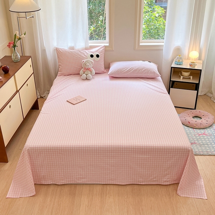桃子 2024新款ins纯棉色织水洗毛巾绣大眼仔单床单 色织水洗棉-大眼仔粉格