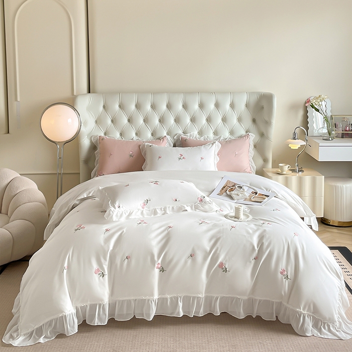 91家纺网 家纺一手货源 找家纺 理想家家纺 2024新款全棉轻奢刺绣四件套-花韵 花韵-白