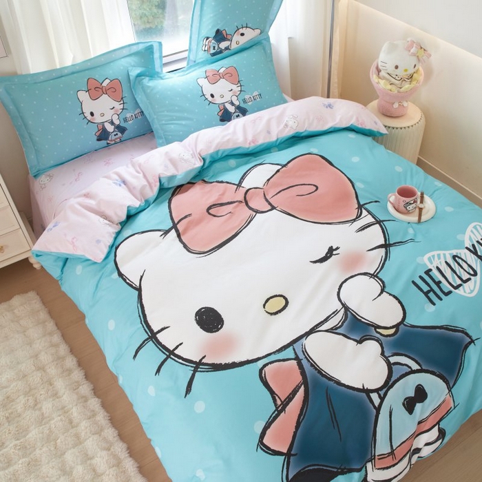 91家纺网 家纺一手货源 找家纺 蘭菲家纺 2024新款全棉大版卡通三丽鸥四件套 摩卡-蓝