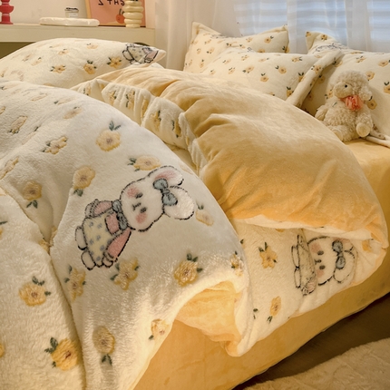 91家纺网 家纺一手货源 找家纺 韩巢家纺 2024新款加厚雪花绒印花四件套-风格一（提供卖家秀） 田园兔(黄)