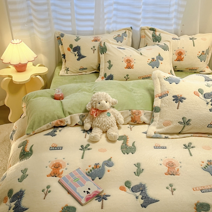 91家纺网 家纺一手货源 找家纺 韩巢家纺 2024新款加厚雪花绒印花四件套-风格一（提供卖家秀） 恐龙宝贝(绿)