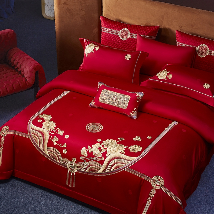 91家纺网 家纺一手货源 找家纺 高大尚 2025新品长绒棉提花唯美复古中式刺绣轻奢系列婚庆款多件套 福气满满-金