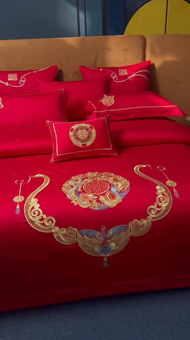 91家纺网 家纺一手货源 找家纺 高大尚 2025新品长绒棉提花唯美复古中式刺绣轻奢系列婚庆款多件套 锦绣未央