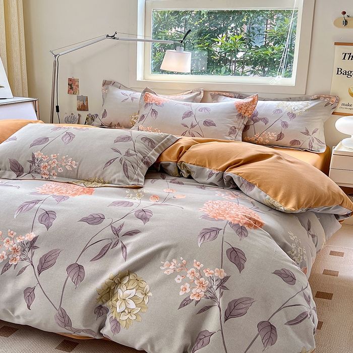 91家纺网 家纺一手货源 找家纺 品乐家纺 2024新款全棉生态棉印花磨毛四件套 挽香-灰