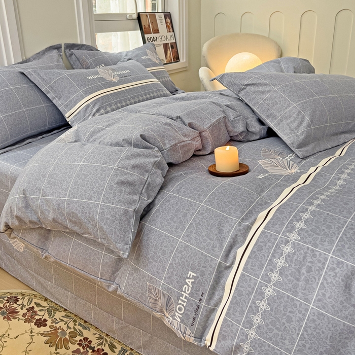 91家纺网 家纺一手货源 找家纺 品乐家纺 2024新款全棉生态棉印花磨毛四件套 叶语漫漫-灰