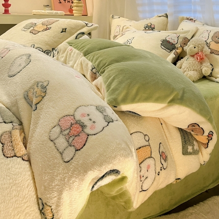 韩巢家纺 2024新款加厚雪花绒印花四件套-风格一（提供卖家秀） 快乐心情