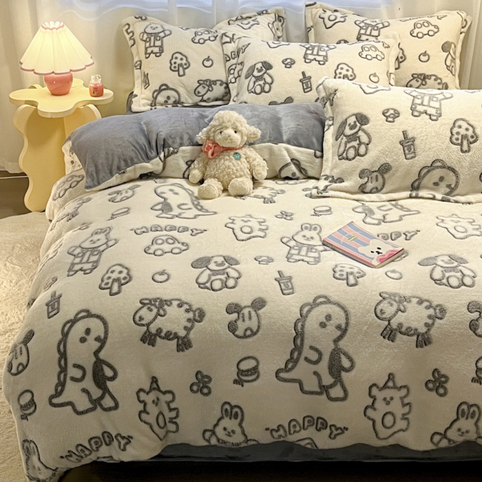 91家纺网 家纺一手货源 找家纺 韩巢家纺 2024新款加厚雪花绒印花四件套-风格一（提供卖家秀） 灰色轨迹