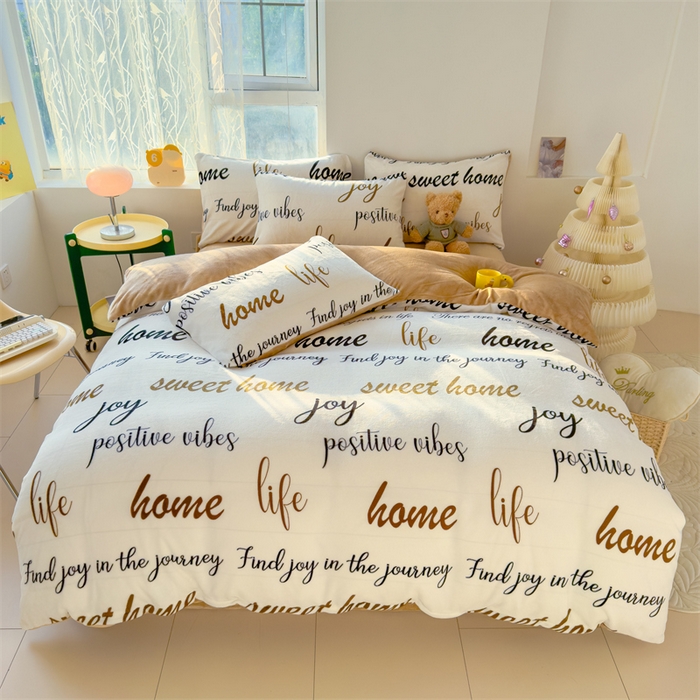 91家纺网 家纺一手货源 找家纺 灰鲸 2025新款牛奶绒小清新印花四件套 美好生活