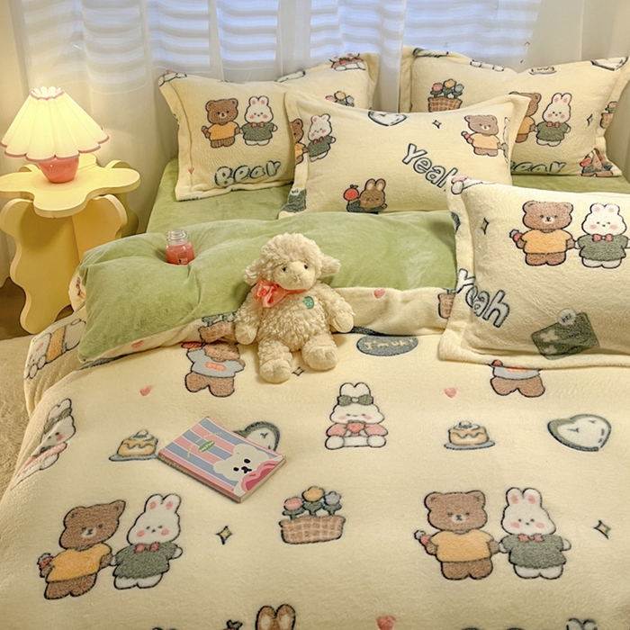 91家纺网 家纺一手货源 找家纺 韩巢家纺 2024新款加厚雪花绒印花四件套-风格一（提供卖家秀） 快乐心情