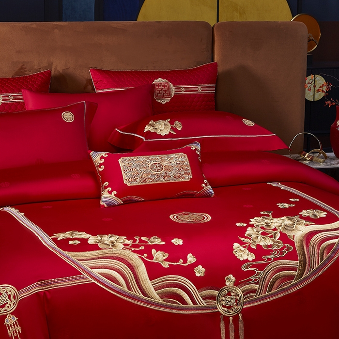 91家纺网 家纺一手货源 找家纺 高大尚 2025新品长绒棉提花唯美复古中式刺绣轻奢系列婚庆款多件套 福气满满-金