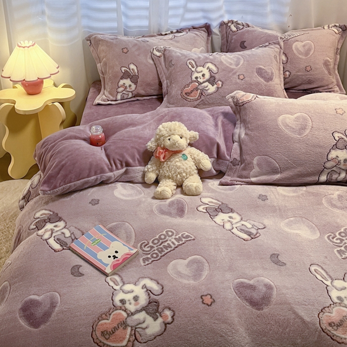 91家纺网 家纺一手货源 找家纺 韩巢家纺 2024新款加厚雪花绒印花四件套-风格一（提供卖家秀） 爱心免(紫)