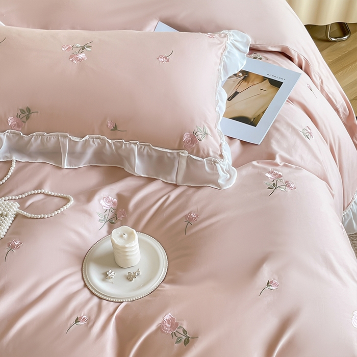 91家纺网 家纺一手货源 找家纺 理想家家纺 2024新款全棉轻奢刺绣四件套-花韵 花韵-粉