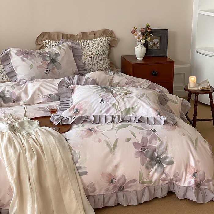 91家纺网 家纺一手货源 找家纺 窝米 2024新款全棉磨毛花边工艺款四件套 叶颜