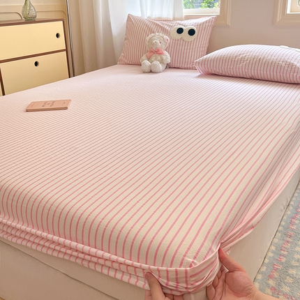 桃子 2024新款ins纯棉色织水洗毛巾绣大眼仔单床笠 色织水洗棉-大眼仔粉条