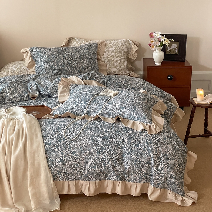 91家纺网 家纺一手货源 找家纺 窝米 2024新款全棉磨毛花边工艺款四件套 费洛蒙蓝