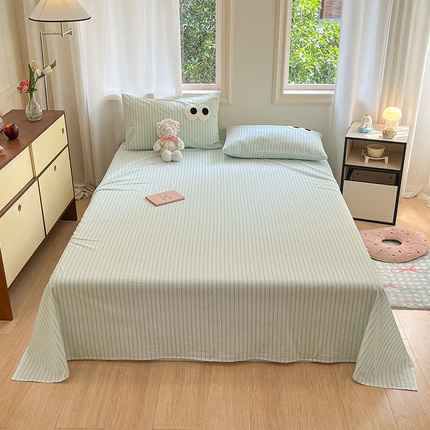 桃子 2024新款ins纯棉色织水洗毛巾绣大眼仔单床单 色织水洗棉-大眼仔兰绿条