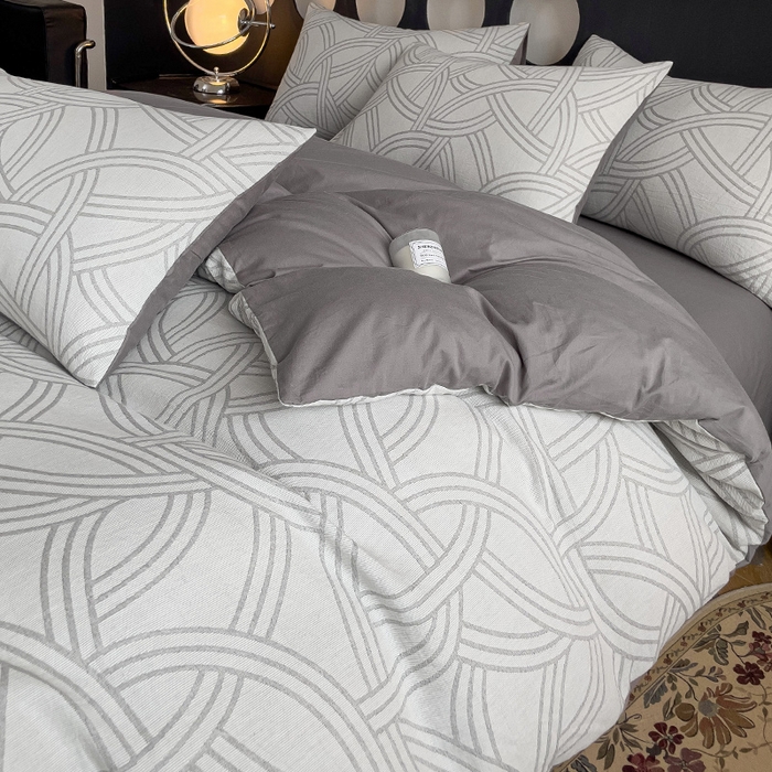 91家纺网 家纺一手货源 找家纺 小懒猪 2024秋冬新款全棉纯棉加厚华夫格提花双层纱四件套-梦幻系列 优雅灰