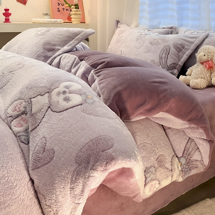 91家纺网 家纺一手货源 找家纺 韩巢家纺 2024新款加厚雪花绒印花四件套-风格一（提供卖家秀） 幸运兔