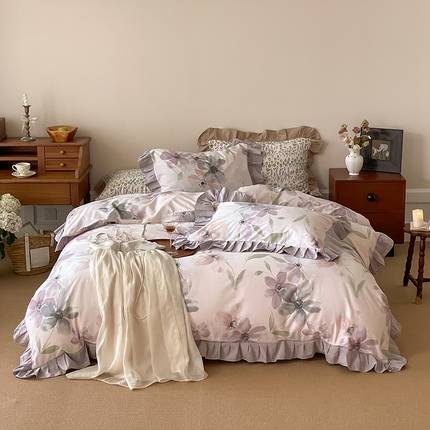 窝米 2024新款全棉磨毛花边工艺款四件套 叶颜