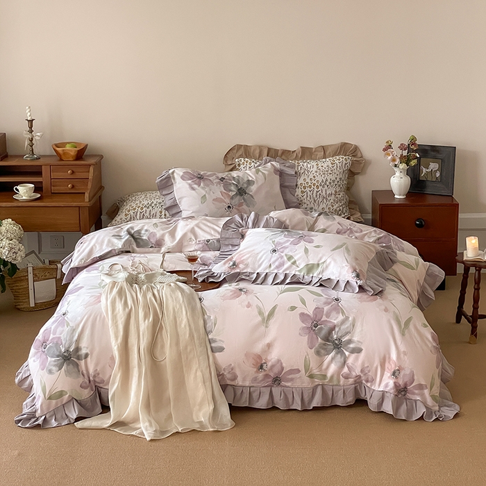 91家纺网 家纺一手货源 找家纺 窝米 2024新款全棉磨毛花边工艺款四件套 叶颜