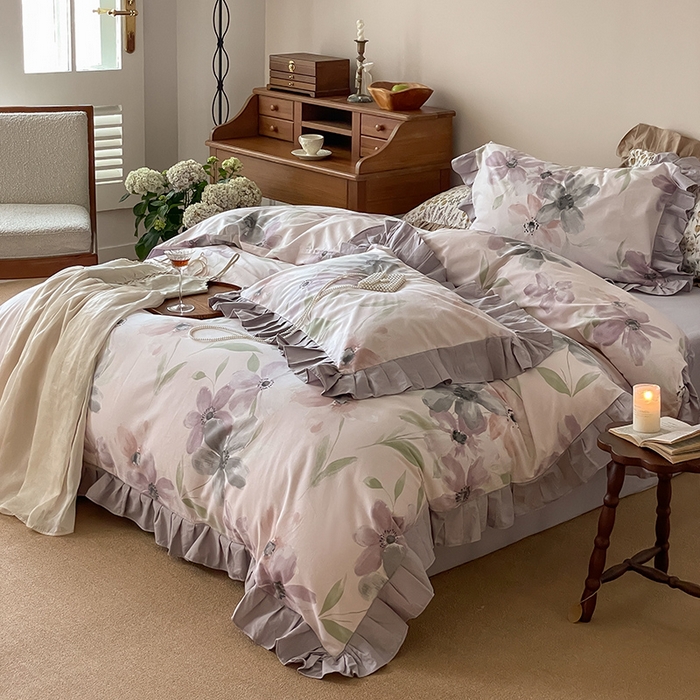 91家纺网 家纺一手货源 找家纺 窝米 2024新款全棉磨毛花边工艺款四件套 叶颜