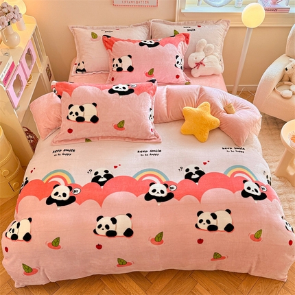 名兮家居 2024新款高克重加厚牛奶绒单被套 彩虹熊猫-粉