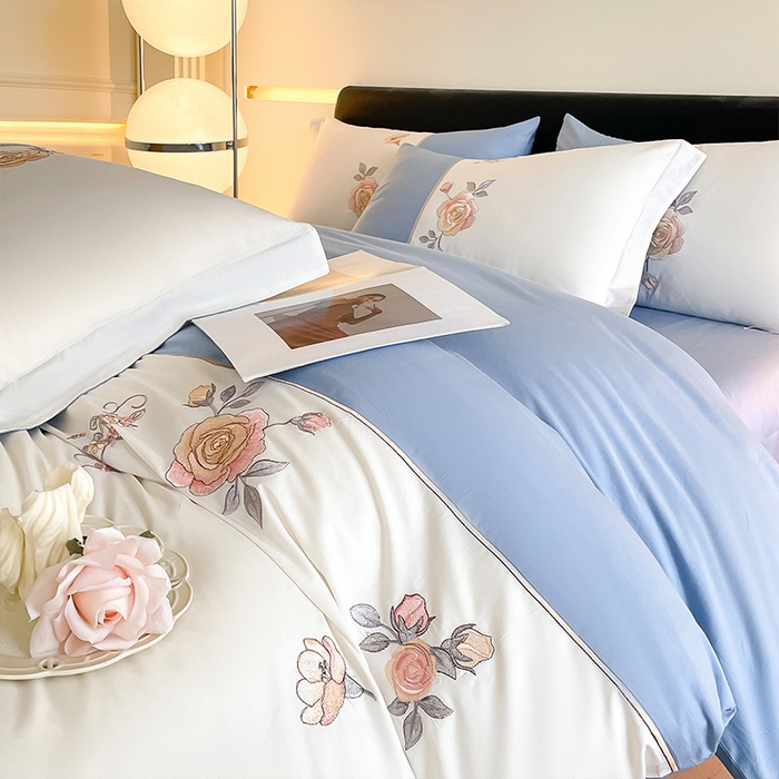 91家纺网 家纺一手货源 找家纺 理想家家纺 2024新款全棉轻奢刺绣四件套-芳华 芳华-蓝