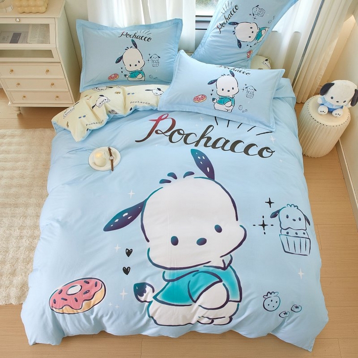 91家纺网 家纺一手货源 找家纺 蘭菲家纺 2024新款全棉大版卡通三丽鸥四件套 恰恰-蓝