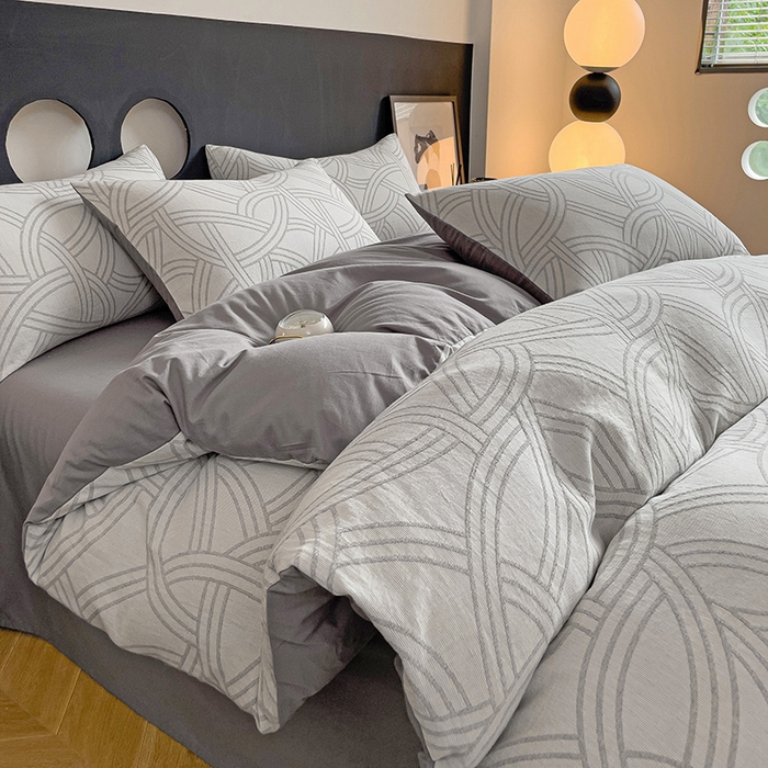 91家纺网 家纺一手货源 找家纺 小懒猪 2024秋冬新款全棉纯棉加厚华夫格提花双层纱四件套-梦幻系列 优雅灰