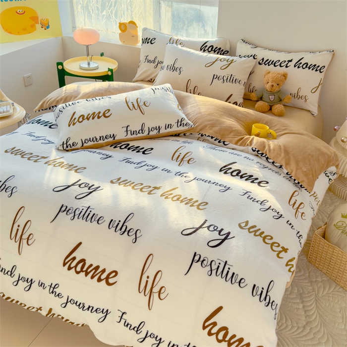 91家纺网 家纺一手货源 找家纺 灰鲸 2025新款牛奶绒小清新印花四件套 美好生活