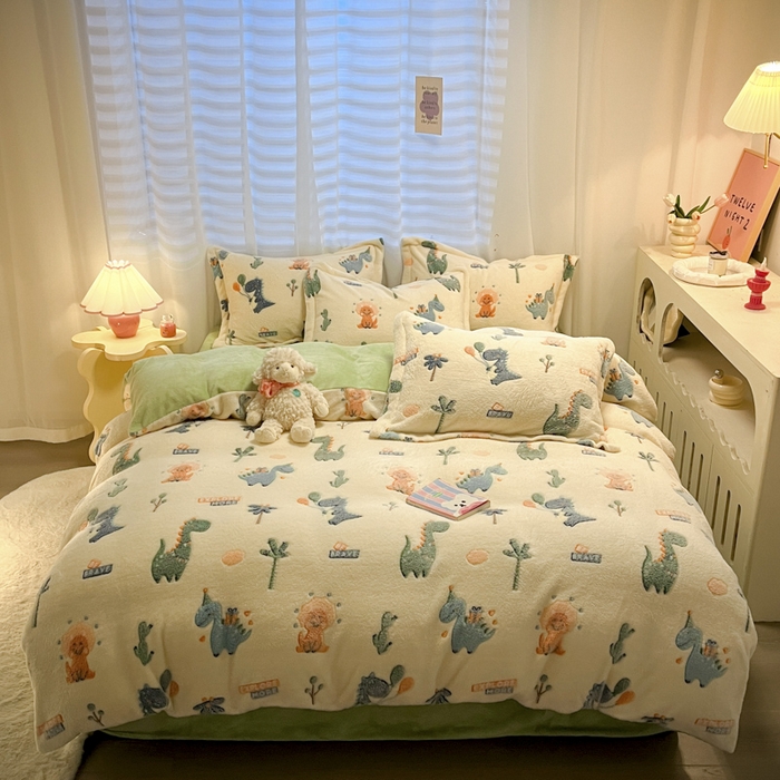 91家纺网 家纺一手货源 找家纺 韩巢家纺 2024新款加厚雪花绒印花四件套-风格一（提供卖家秀） 恐龙宝贝(绿)