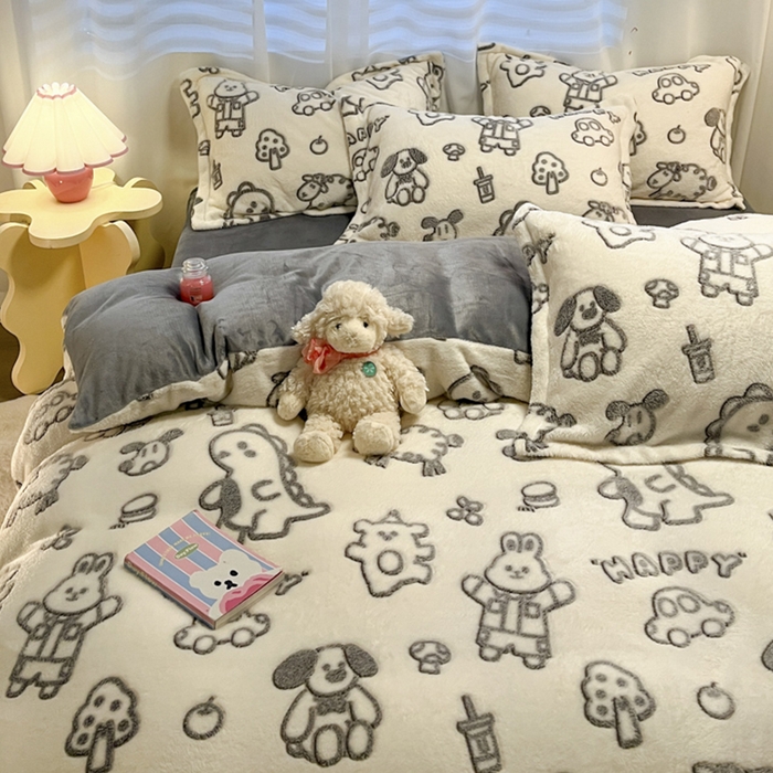 91家纺网 家纺一手货源 找家纺 韩巢家纺 2024新款加厚雪花绒印花四件套-风格一（提供卖家秀） 灰色轨迹