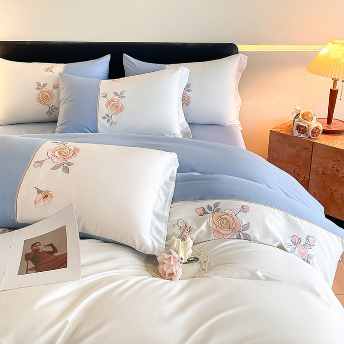 91家纺网 家纺一手货源 找家纺 理想家家纺 2024新款全棉轻奢刺绣四件套-芳华 芳华-蓝