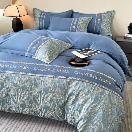 91家纺网 家纺一手货源 找家纺 花愿（原花纪） 2025新款水洗棉立体浮雕提花拼色四件套-艾米娅 宾利蓝